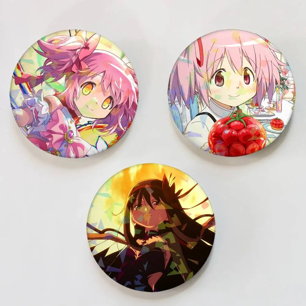 Anime Puella Magi Madoka Magica Movie New Round Badge Lapel Pins for Backpacks Briefcase Laser Brooch Clothes Gifts