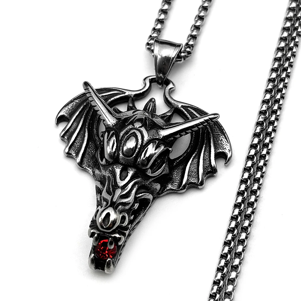 

Gothic Dragon Head Wings Red Rhinestone Stainless Steel Pendant Necklace for Women Men Silver Color Vintage Jewelry Amulet Gift