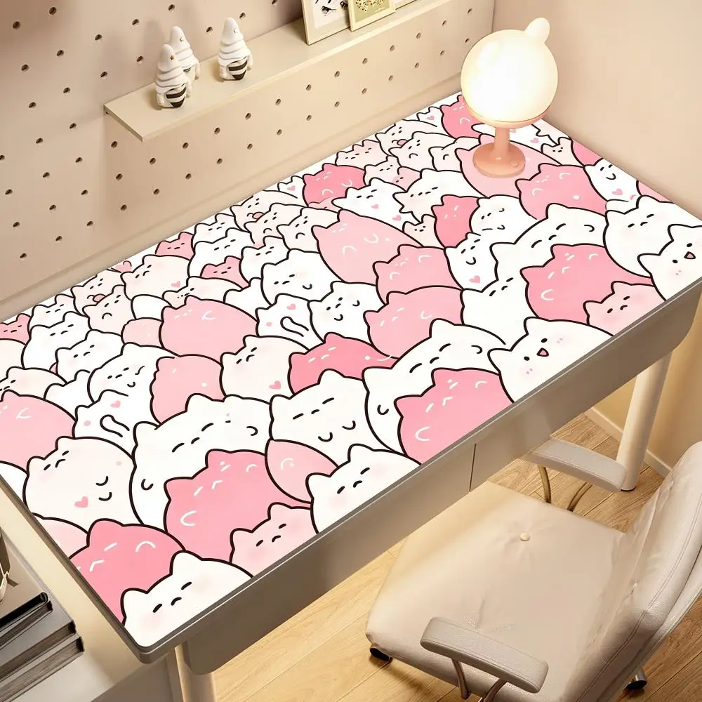 Cute Doodle Cat Large Mouse Pad, Kawaii Cartoon Kitten with Blush Hearts Stars, Non-Slip Desk Mat for Gaming Office Decor