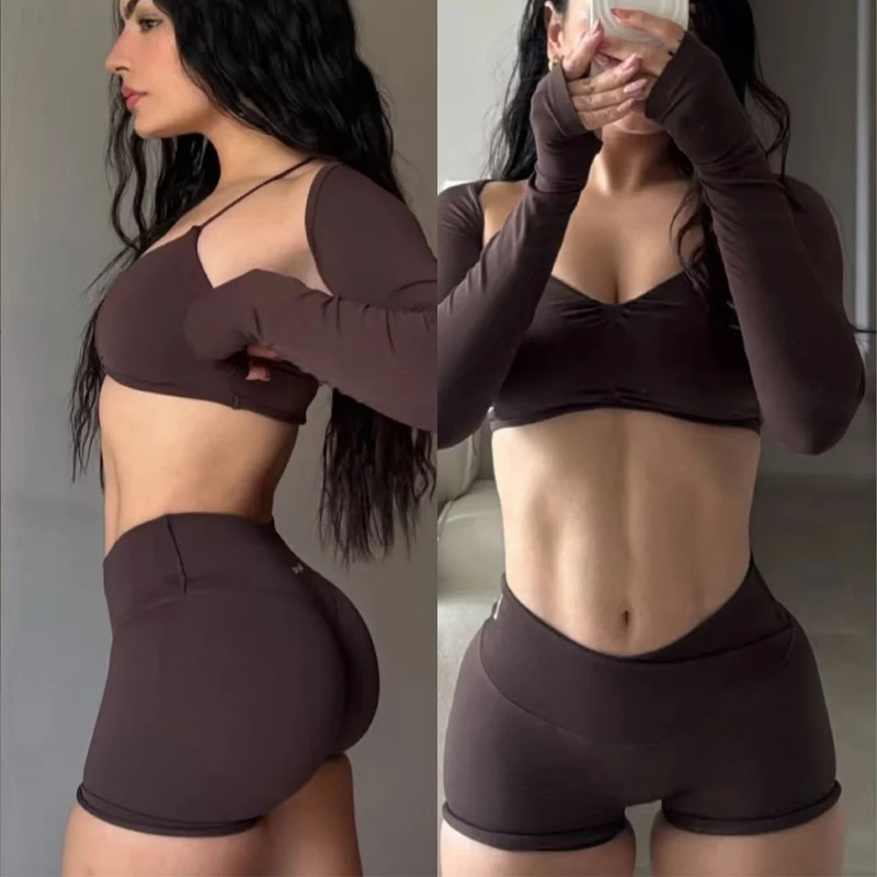 

3Pcs Vision Gym Set Women Shawl Backless Tank Tops High Waist Seamless Shorts Yoga Suit Clothes Activewear Without Logos