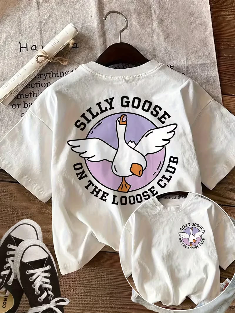 Double-Sided Goose Wing & Silly Goose Print T-Shirt - Short Sleeve Round Neck Tee Suitable for - Casual Wear Trendy Streetwear