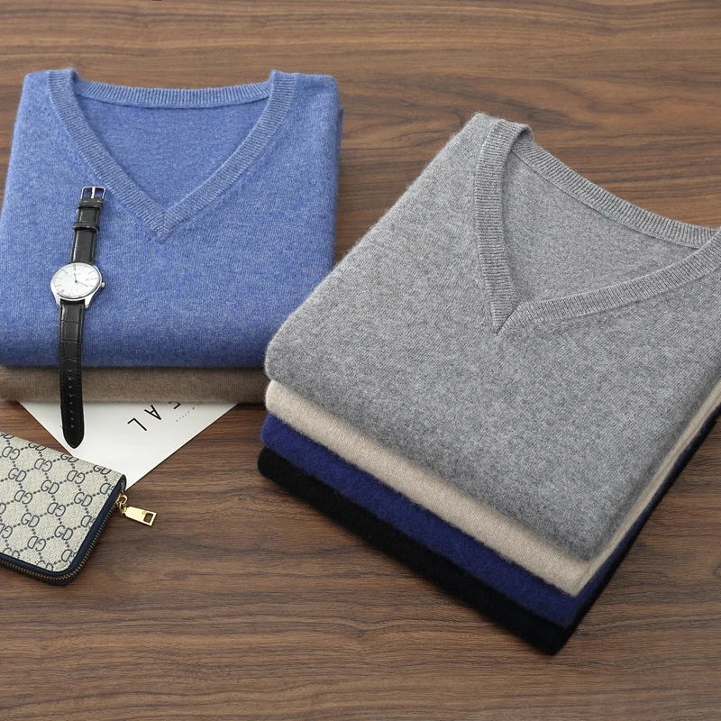 

100% кашемировый свитер, мужской вязаный пуловер с v-образным вырезом, весна-осень 2023, новые однотонные топы с длинными рукавами, деловая повседневная мужская одежда
