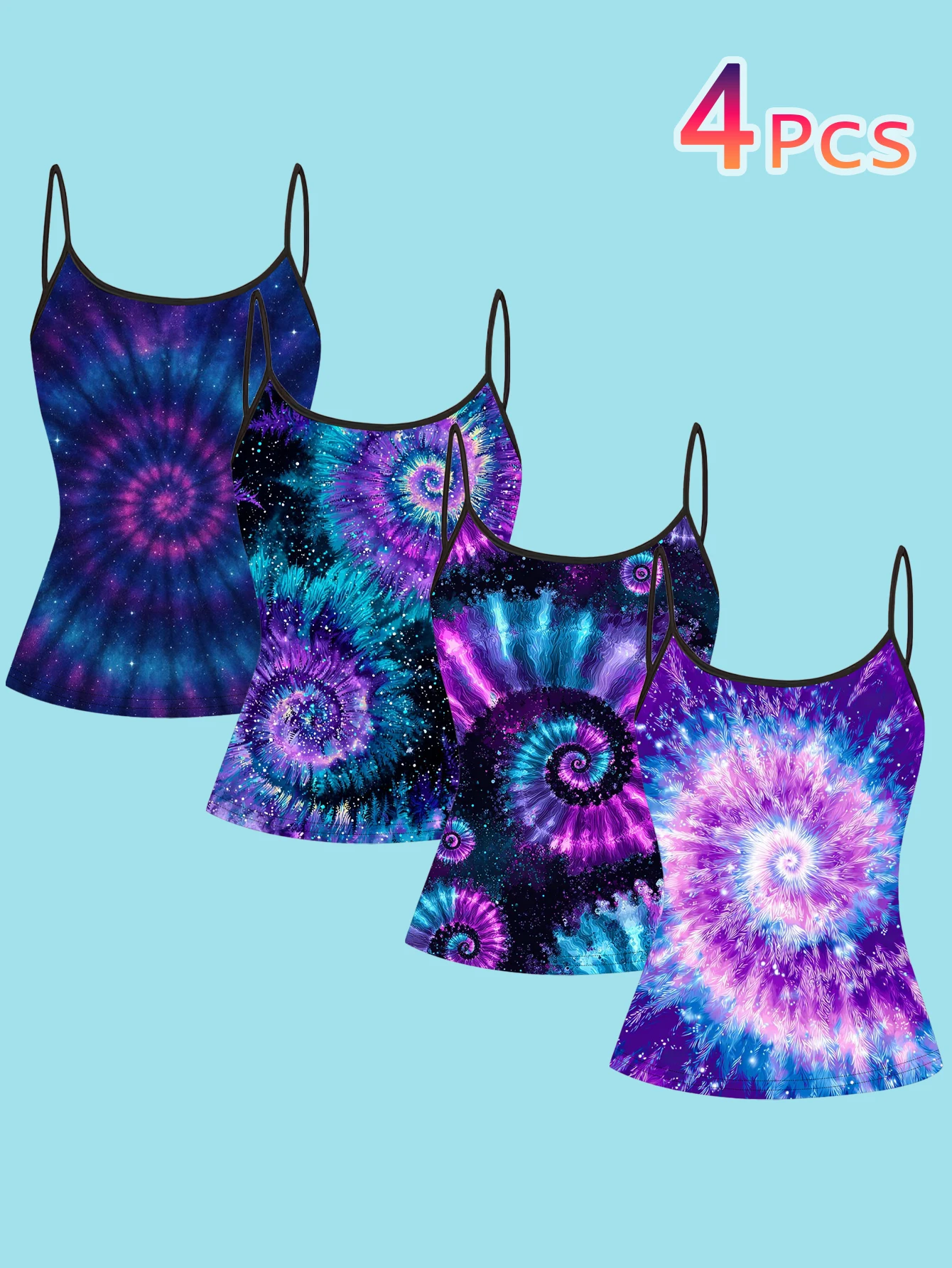 4-Piece Set of Women's Purple and Blue Neon Tie-Dye Spiral Print Camisoles, Hippie Swirl Starry Sky Slim-Fit Spaghetti Strap Inner Tops