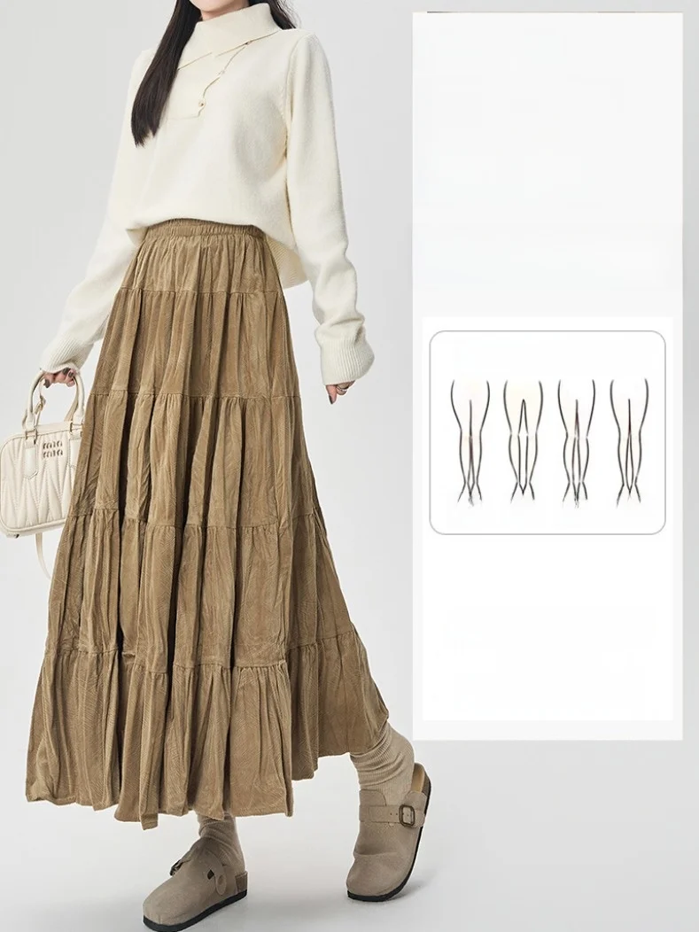 Bla velours a-ligne jupe Midi femmes automne hiver complet froncé plis parapluie jupe taille haute gâteau jupe coréenne Sle