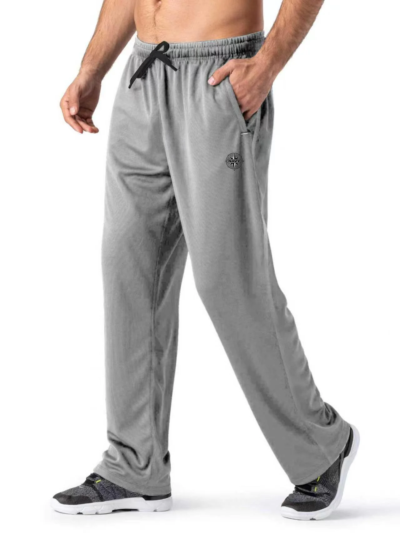 Men's Quick‑Dry Straight Sports Pants,  retro Logo Print Drawstring Sweatpants, Zip Side Pockets Gym Running Casual Trouse