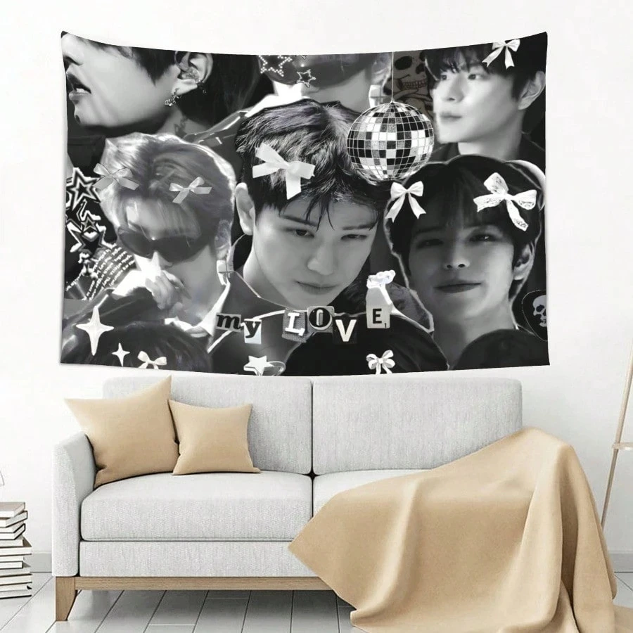 Stray Kids Kim Seungmin Minimalist Wall Hanging Tapestry Black White Kpop Art Bows Stars Soft Fabric for Bedroom Office Camping