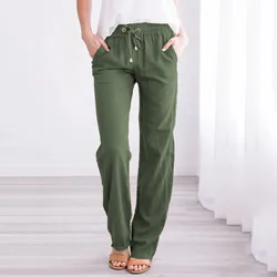 Women Cotton Linen Pants Fashion Solid Color Elastic Waist Loose Straight Pants Female Ankle-length Trousers Summer Casual Pants