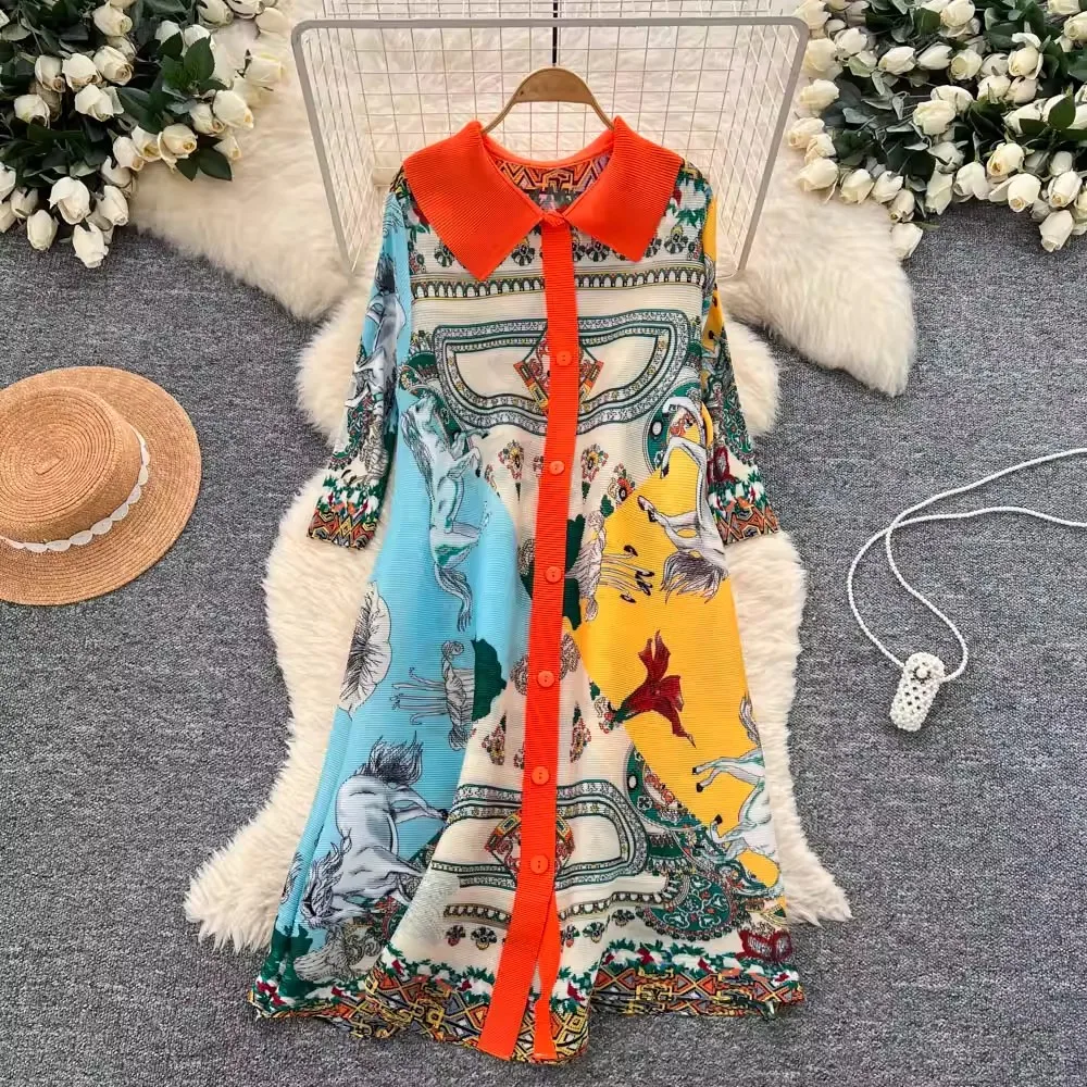 Miyake col rabattu robe plissée chemise femmes couleur bloc manches longues robes trapèze amples imprimé vêtements féminins