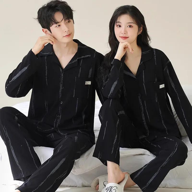 Cotton Couples Nightwear for Autumn and Spring Women\'s Long Sleeves Pajama Set Men\'s Cardigan Homewear Young Boy Girl Korean Pjs