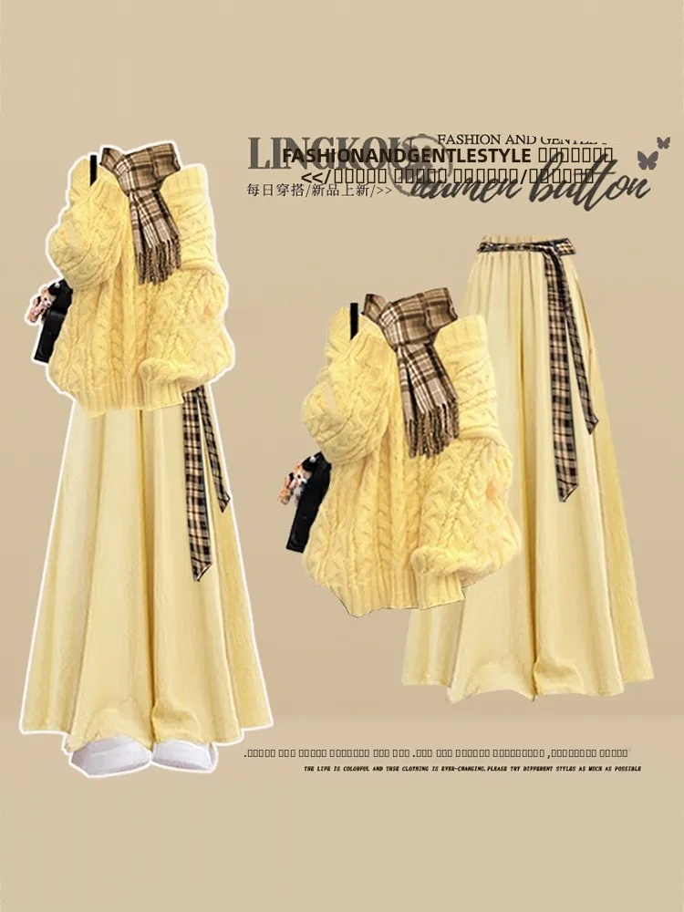 

Теплый вязаный комплект из свитера и юбки для женщин: нежный осенне-зимний комплект из двух предметов с эффектом похудения, цветными блоками и высокой талией