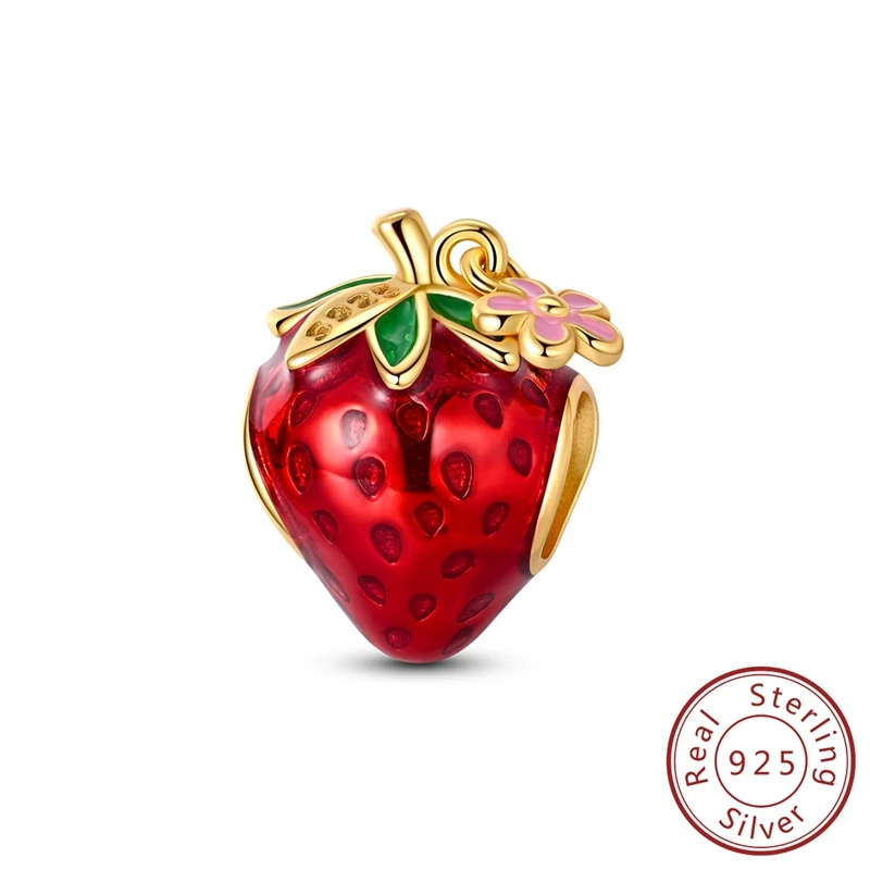 

Original 100% 925 Sterling Silver Golden Delicious Strawberry Beads Charm Fits Bracelet For Necklace Exquisite Gifts