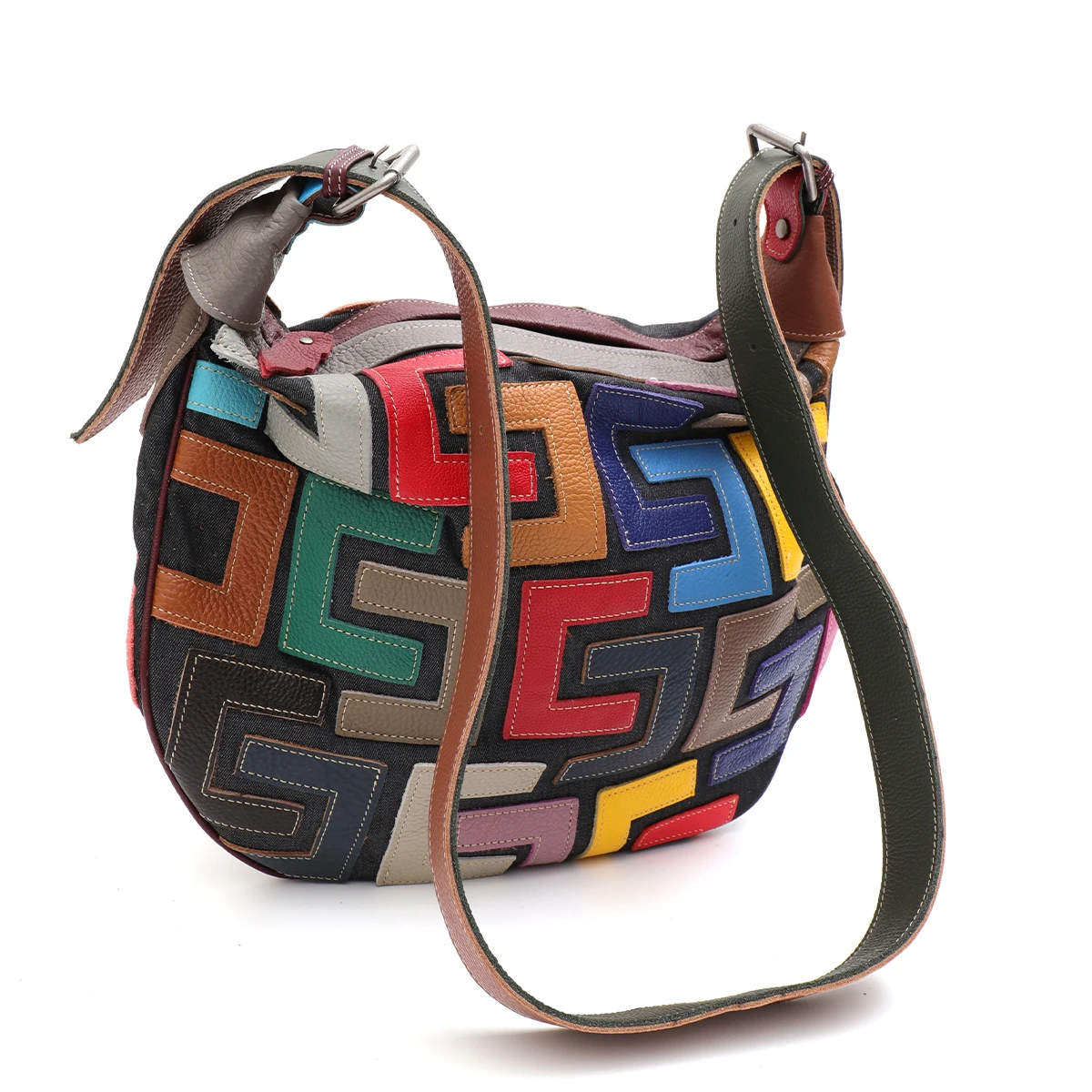 SC Casual Large Capacity Shoulder Bag Women Colorful Genuine Leather Blocks Patchwork Canvas Street Style Cross body Hobo Travel