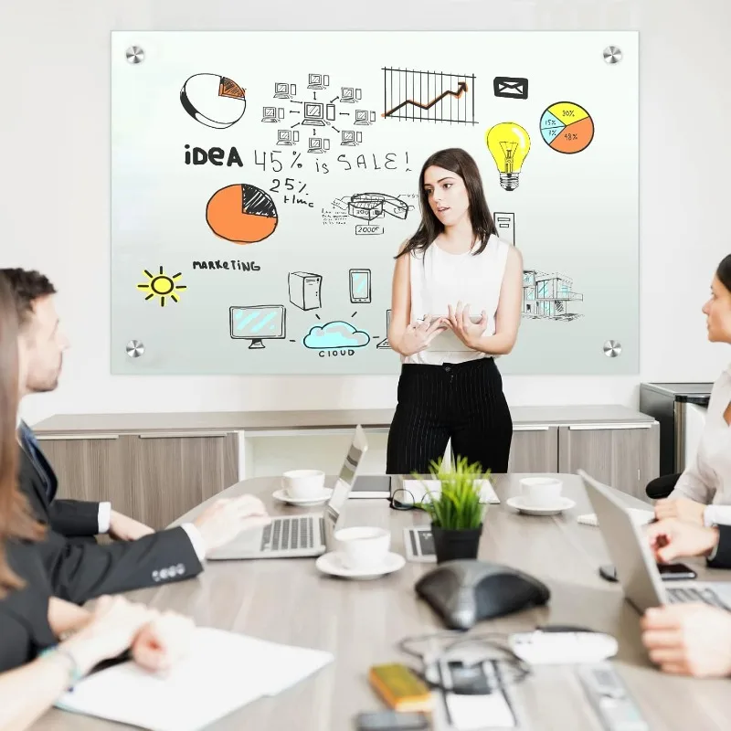 لوح أبيض للمسح الجاف للجدار مقاس 72 بوصة × 40 بوصة حامل سبورة بيضاء بدون إطار من الزجاج المغناطيسي للوازم المدرسية المنزلية أو المكتب المنزلي