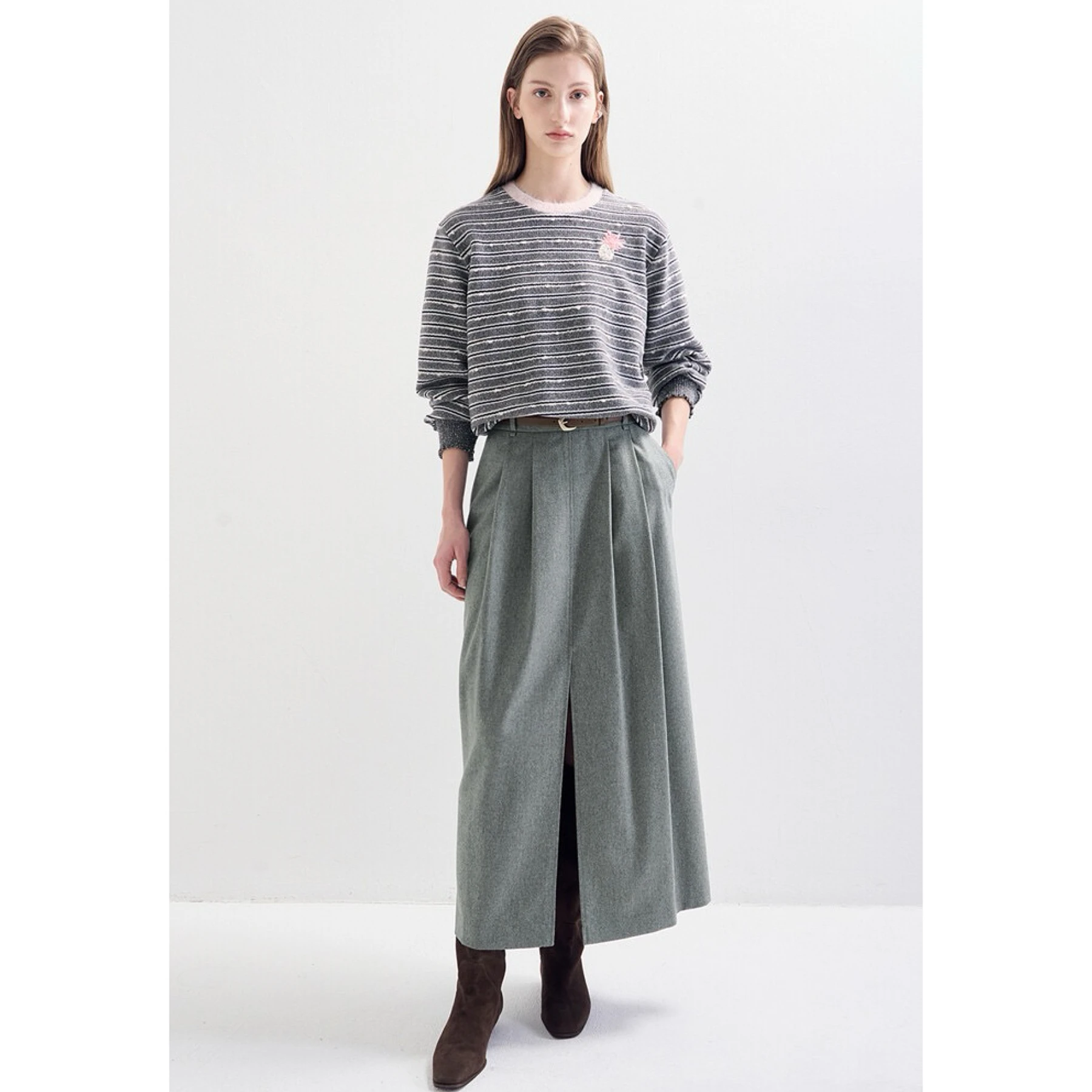 Pineapple Embroidery Woolen Knitted Sweater round Neck Elastic Waist Stripe Pattern Versatile LAN25 Winter Collection Lemon C...
