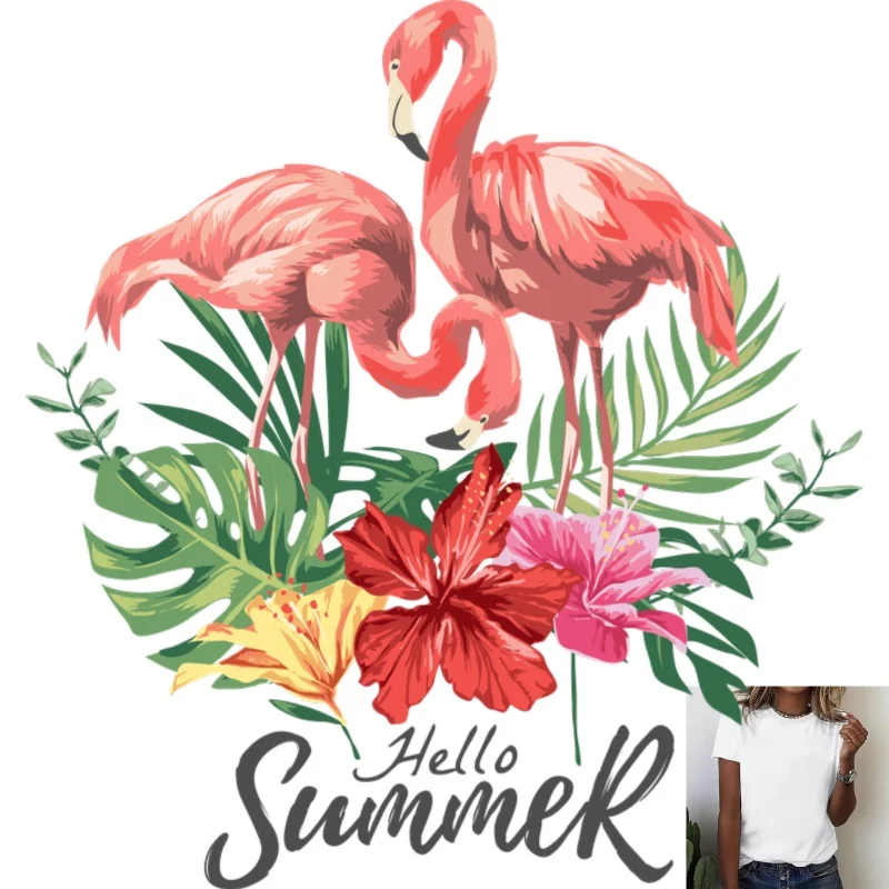 Tropical Flamingo Floral Hello Summer Heat Transfer White Ink Iron - on Patch, Suitable for T - shirts & Canvas Bags, Summer
