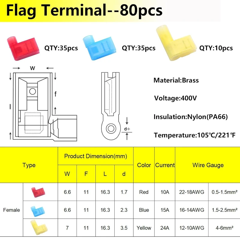 80pcs Nylon Flag Female Terminal Insulated Female Flag Spade Quick Wire Connector Crimp Terminal 22-18/16-14/12-10AWG with Plier