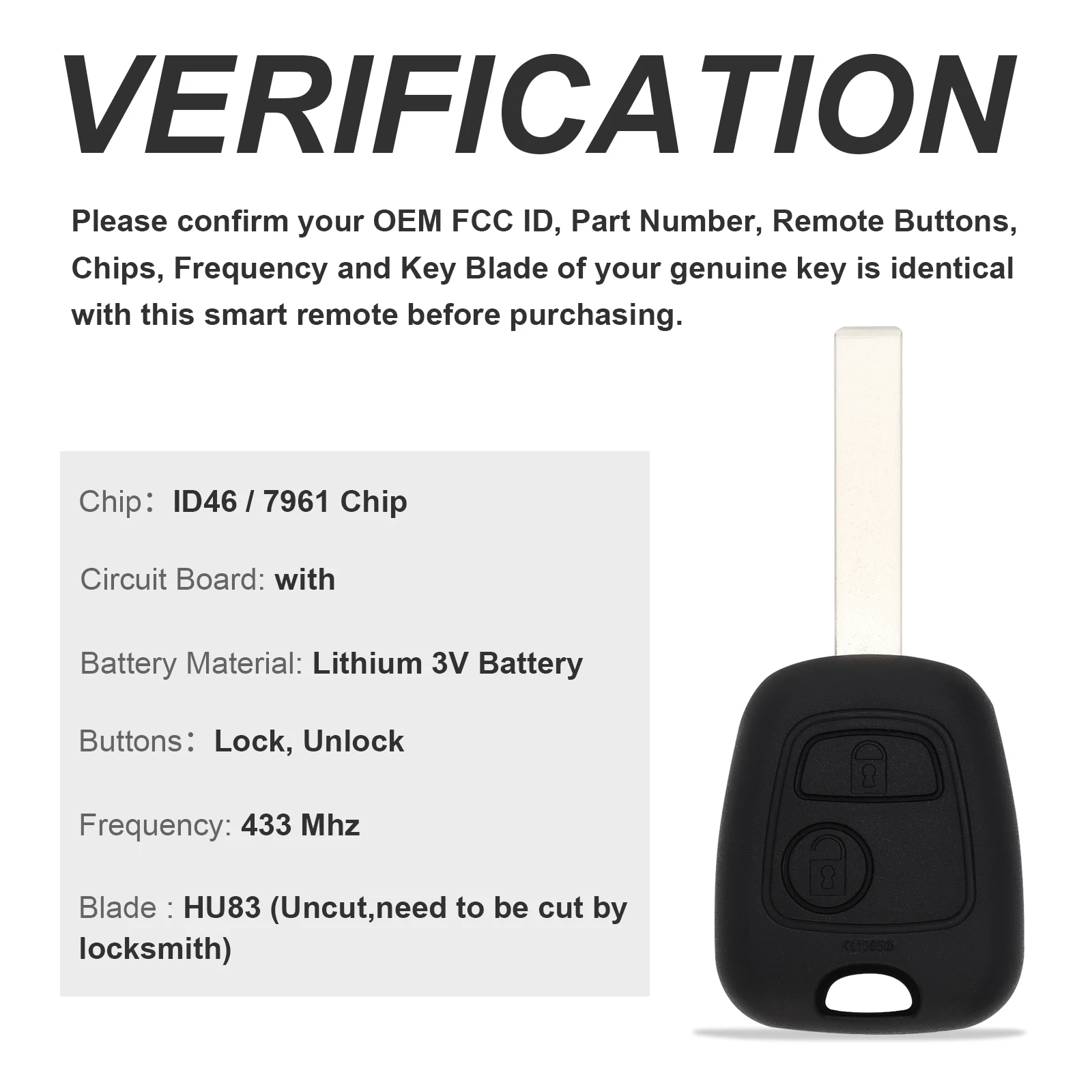 433MHz 2 Buttons Remote Car Key with PCF7961 Chip and HU83 Blade for Citroen 73373067C