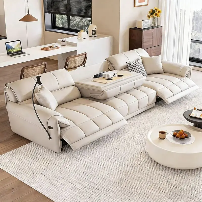 Cream style functional genuine leather electric sofa living room first layer cowhide flip back sofa