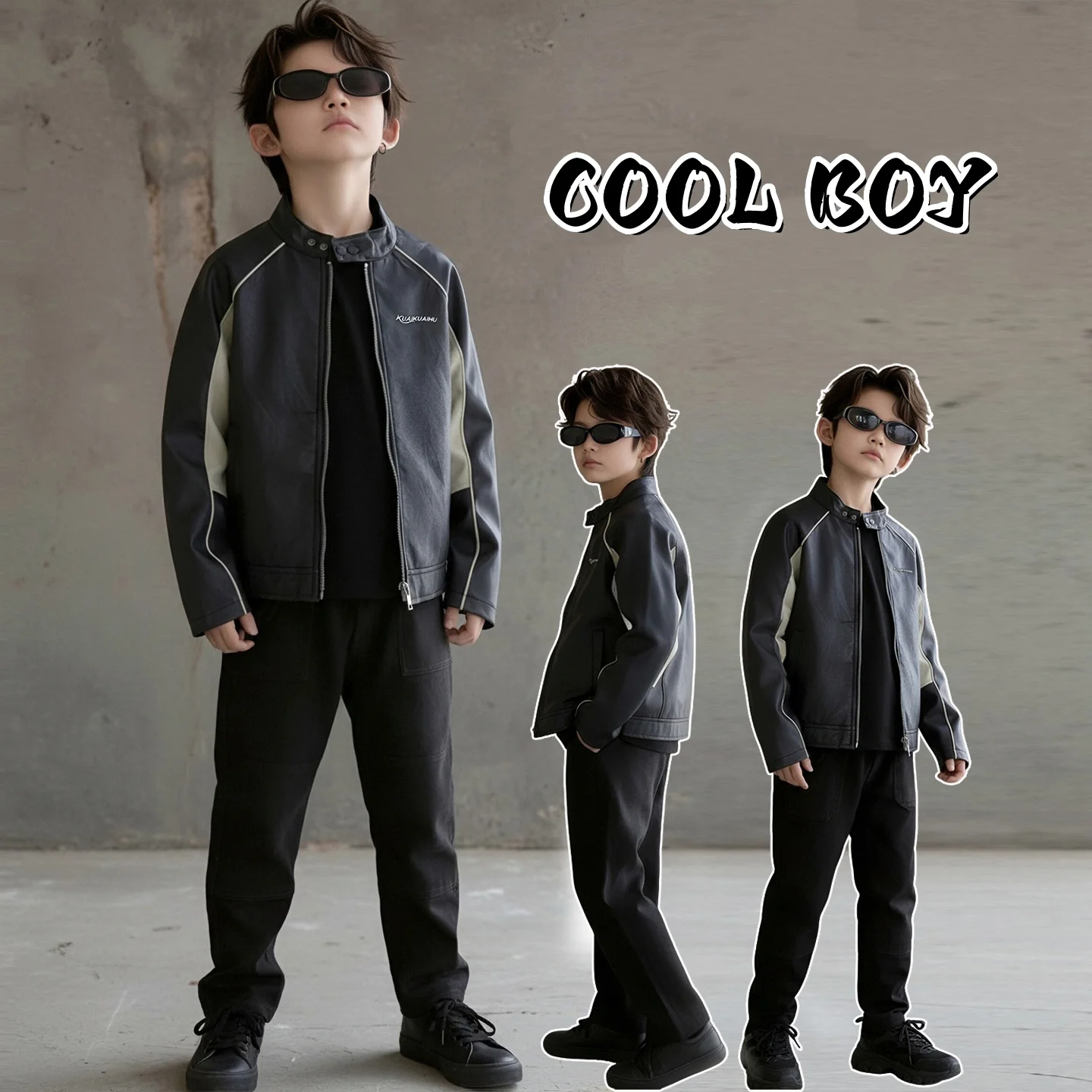 Boys PU Faux Leather Motorcycle Jacket Stand Collar Color Block Splicing Zipper Outerwear Kids Spring Autumn Casual Biker Coat