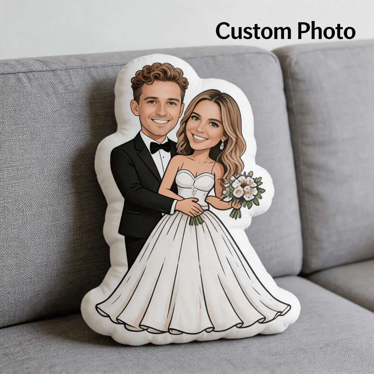 Personalized Couple Photo Shaped Pillow, Wedding Outfit Custom Picture Decorative Cushion with Double-Sided Printing, 60CM Large