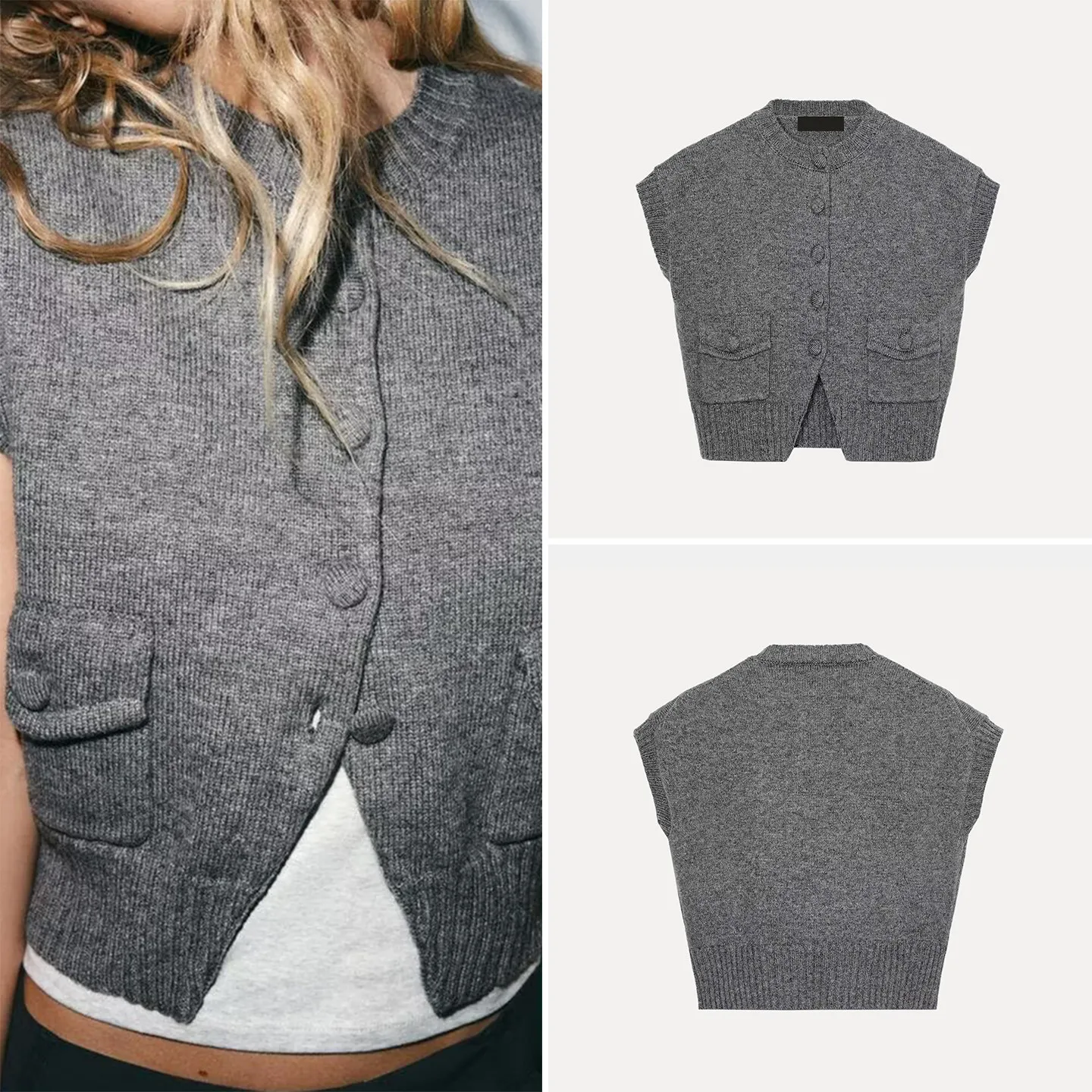 

Женский вязаный жилет Z, новинка 2025 года, модный, с индивидуальным дизайном, на пуговицах, с декоративной отделкой, верхняя одежда, круглый вырез, стандартная длина