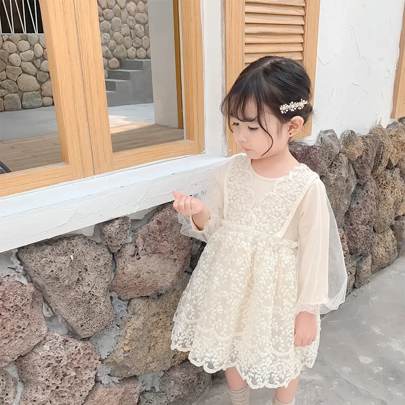 

Girls Skirts 2024 Autumn New Childrens Clothes Korean Style Girls Baby Long Sleeve Lace Gauze Dress Casual Simple Daily