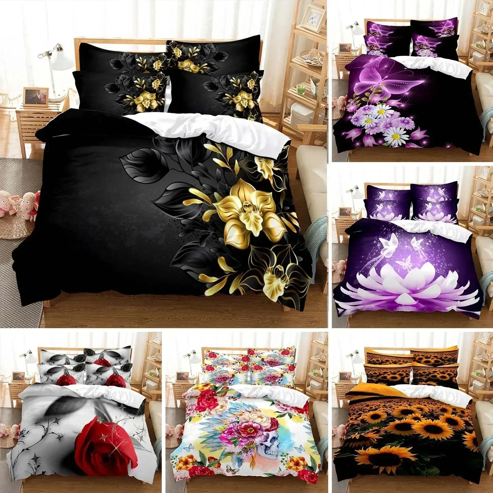 Flower Duvet Cover SetS Queen King Size Blooming Golden Flower Twin Bedding Set for Girls Women Vibrant Floral Theme Quilt Cover