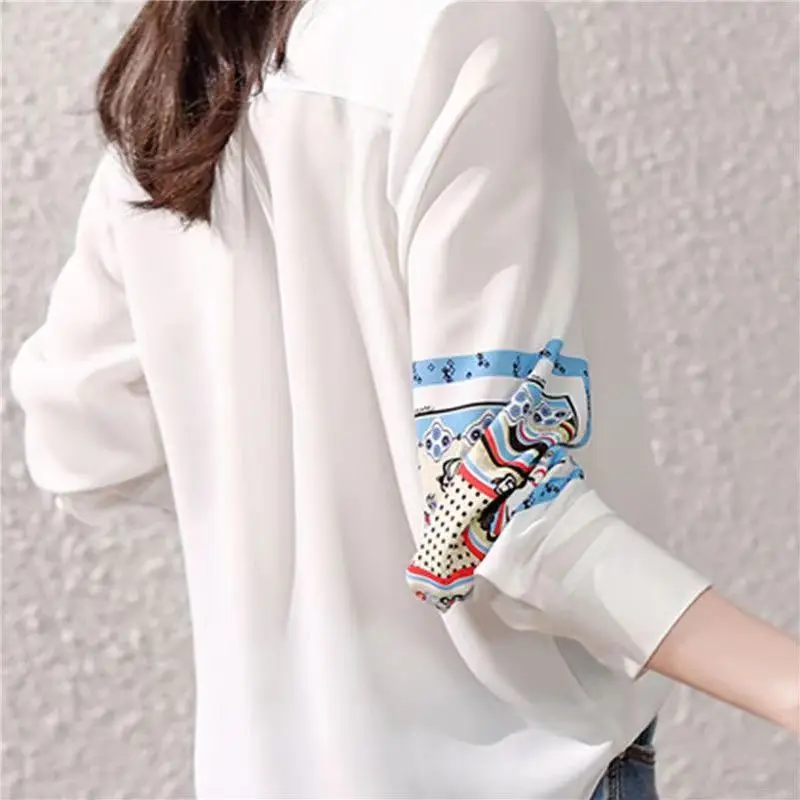 봄 한국 스타일 루즈핏 프린트 롱 슬리브 여성 쉬폰 셔츠 트렌디 디자인 캐주얼 편안한 폴리에스터 혼방