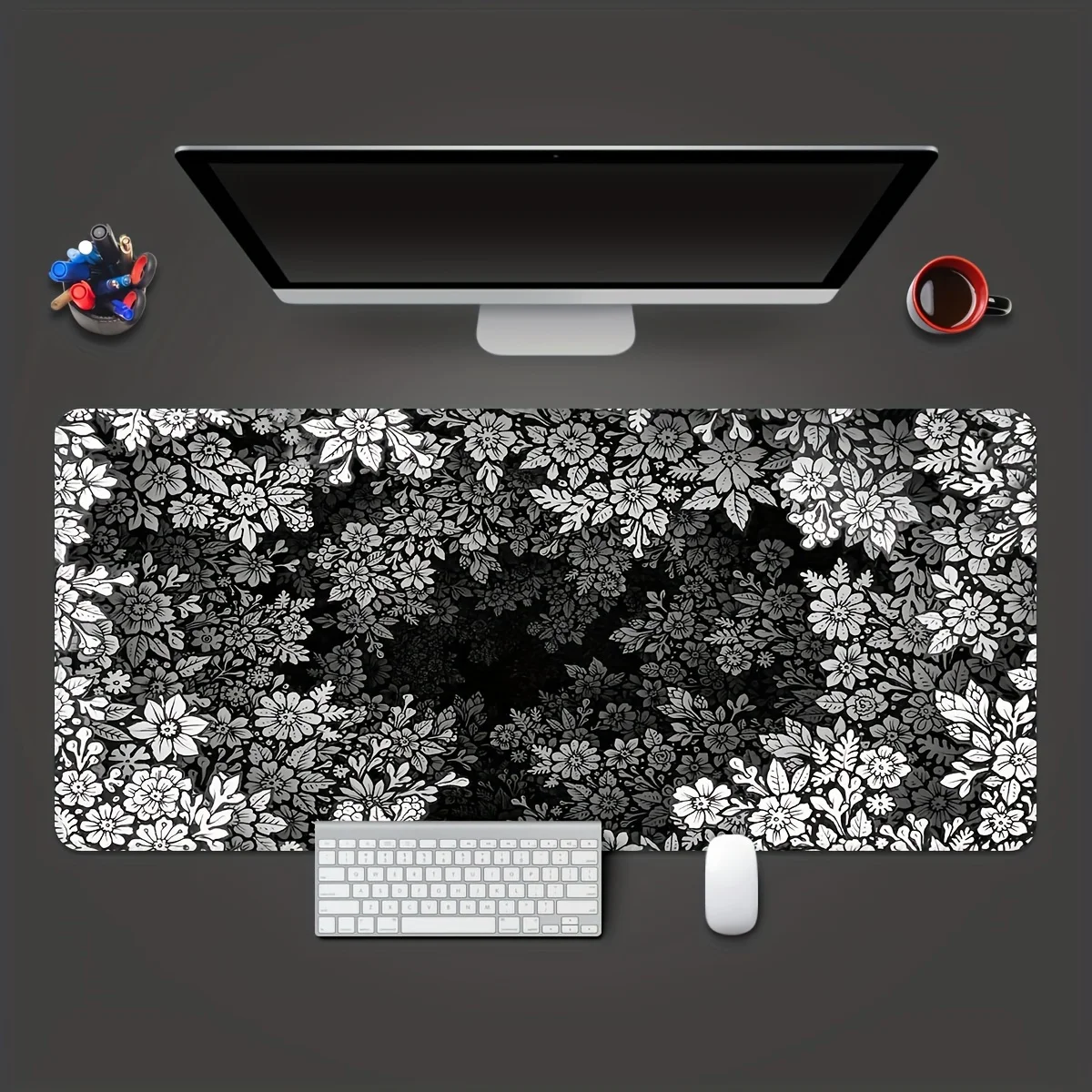 

Oversized Black and White Floral Gaming Mouse Pad, Gaming Accessories, Rubber Pad, Perfect for Desk and Computer Keyboard