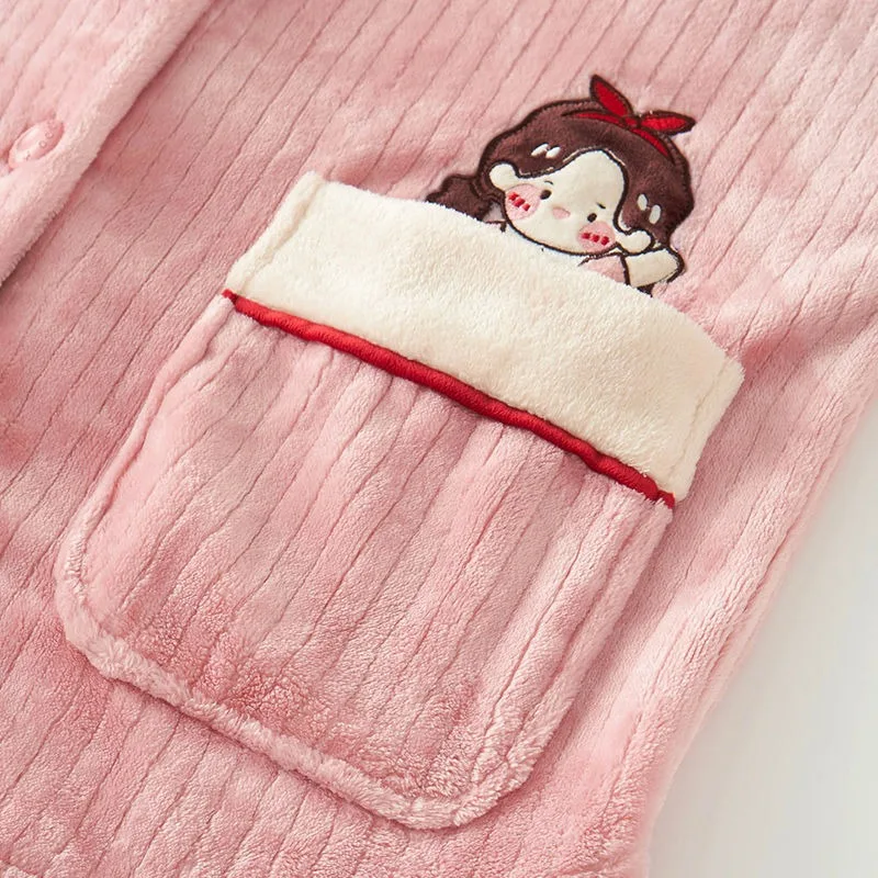2024 New Coral Fleece Pajama Women's Autumn Winter Loungewear Long Sleeve Warm Sleepwear Thick Flannel Doll Collar Homewear Set