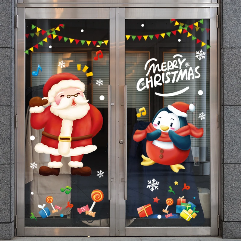 Glass Door Decorated Christmas Wall Stickers Waterproof Two Sides Old Man Snowflakes Happy New Year Self-adhesive Painting Htv