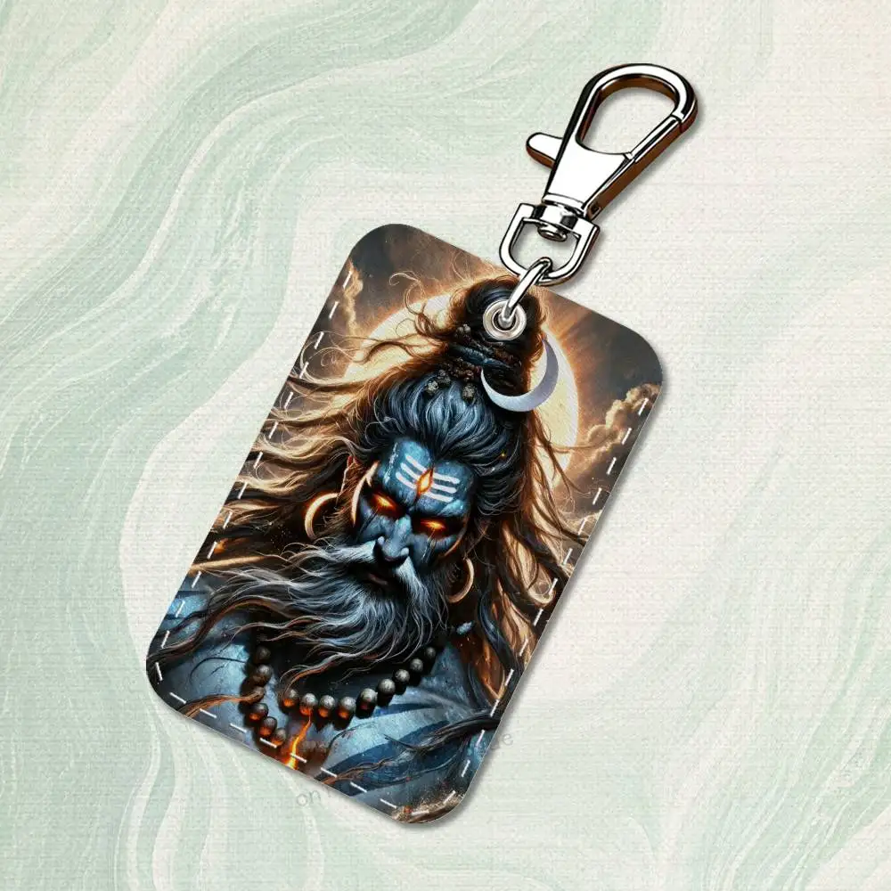 India Art Lord Shiva Rectangle Card Case Keychain Access Card Bag Key Tag Ring Leather Card Holder Key Ring Access