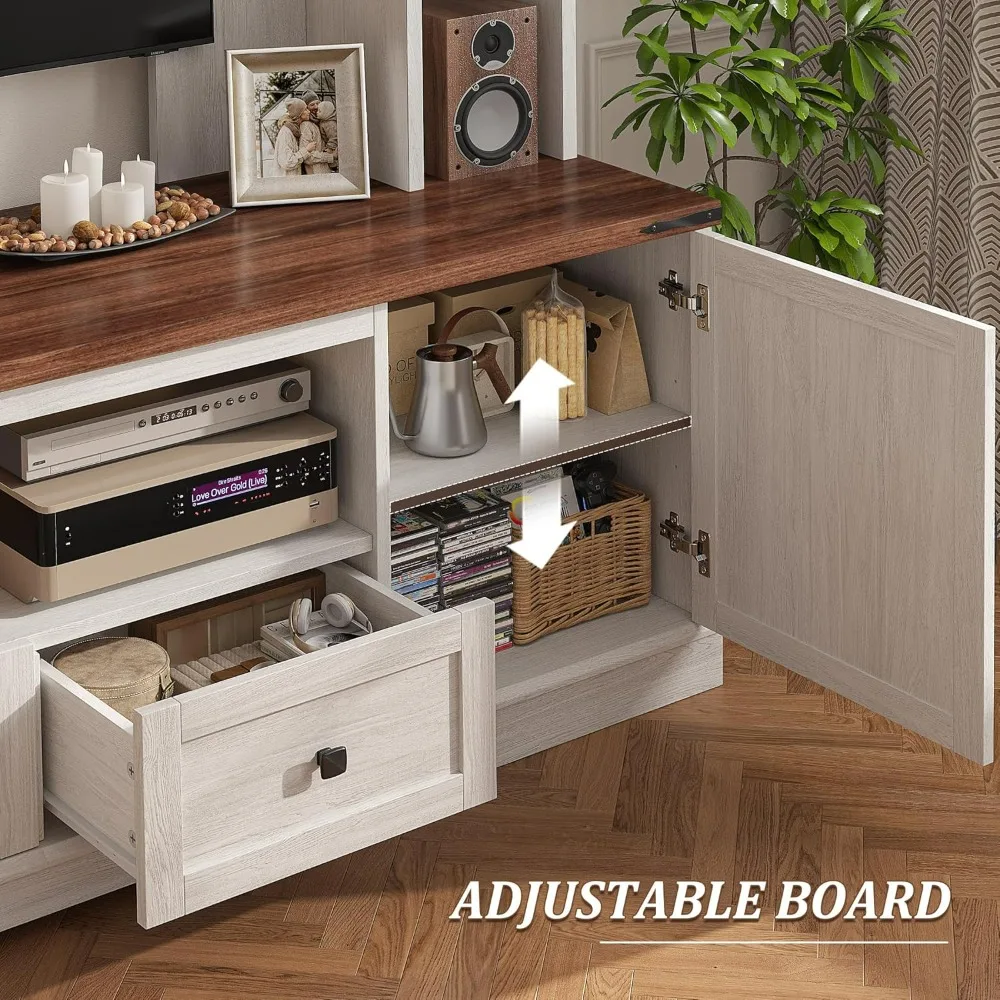 مركز ترفيه كبير مثبت على الحائط على طراز المزرعة مع إضاءة LED ومنافذ طاقة لـ 60 تلفزيونًا #6