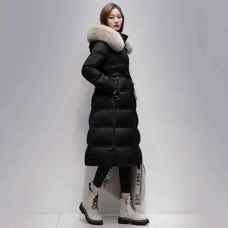 New Exotic White Duck Down  Femininity Long Over-the-Knee Fox Fur Waist Slim Winter Fur Collar Hooded Warm Coat Womentide