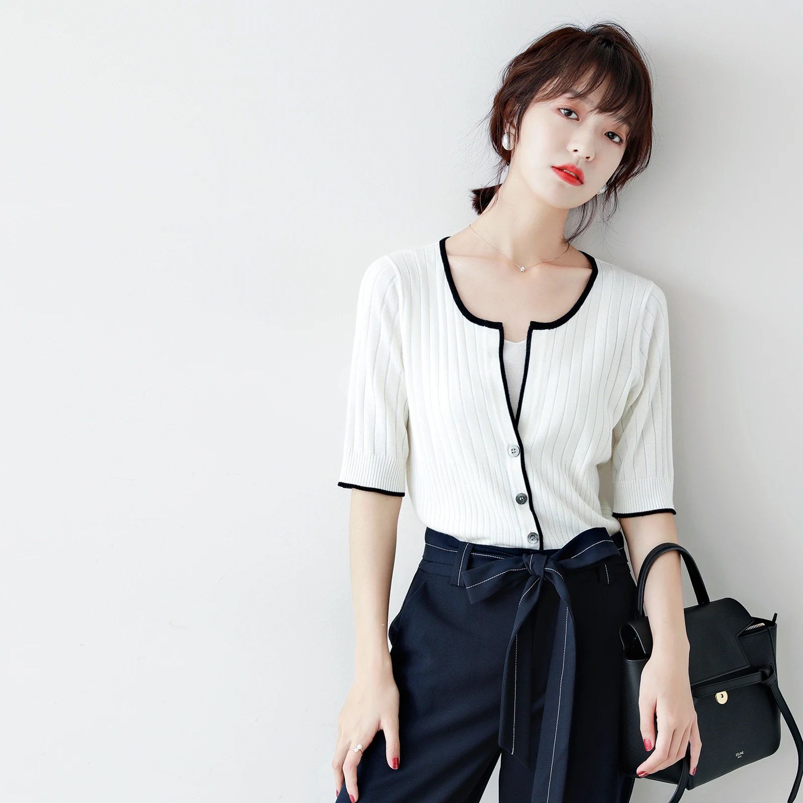 

Вязаный кардиган Ele с вертикальными полосками на пуговицах, для защиты от солнца и кондиционирования воздуха, женский, прямого кроя, из модала, короткий рукав