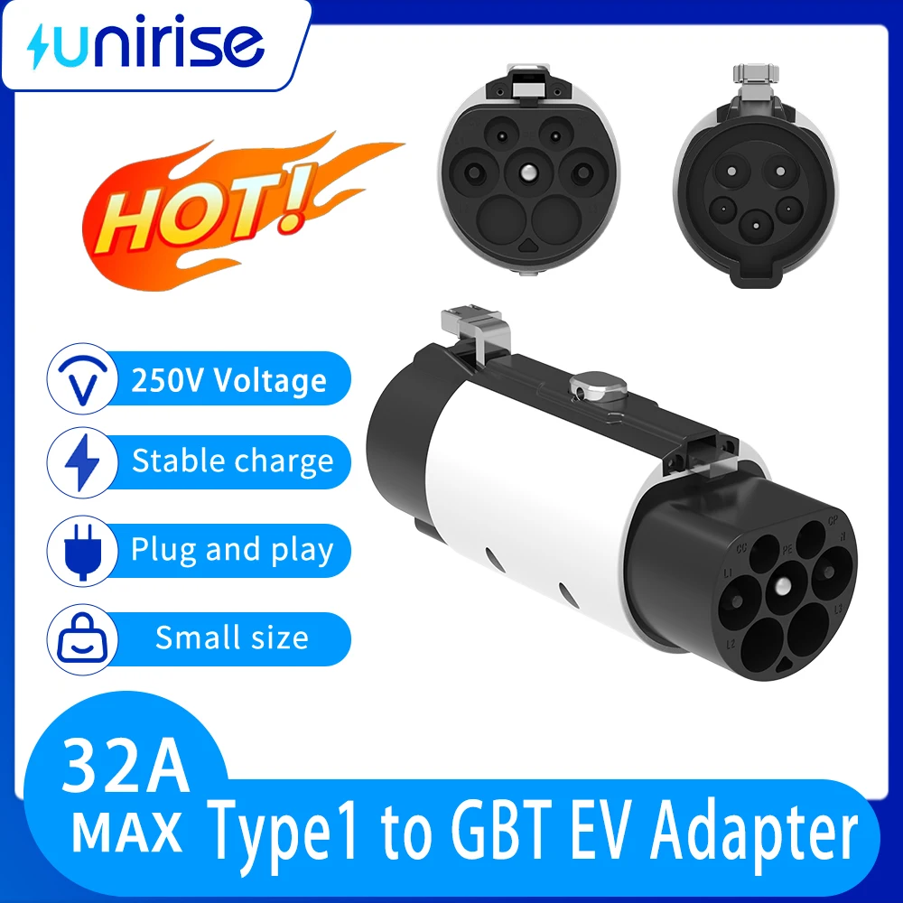 Adaptador Unirise Type1 a GBT 7KW 32A con convertidor de hebilla de bloqueo de seguridad para estación de carga Type1 a GB/T para adaptador de coche BYD