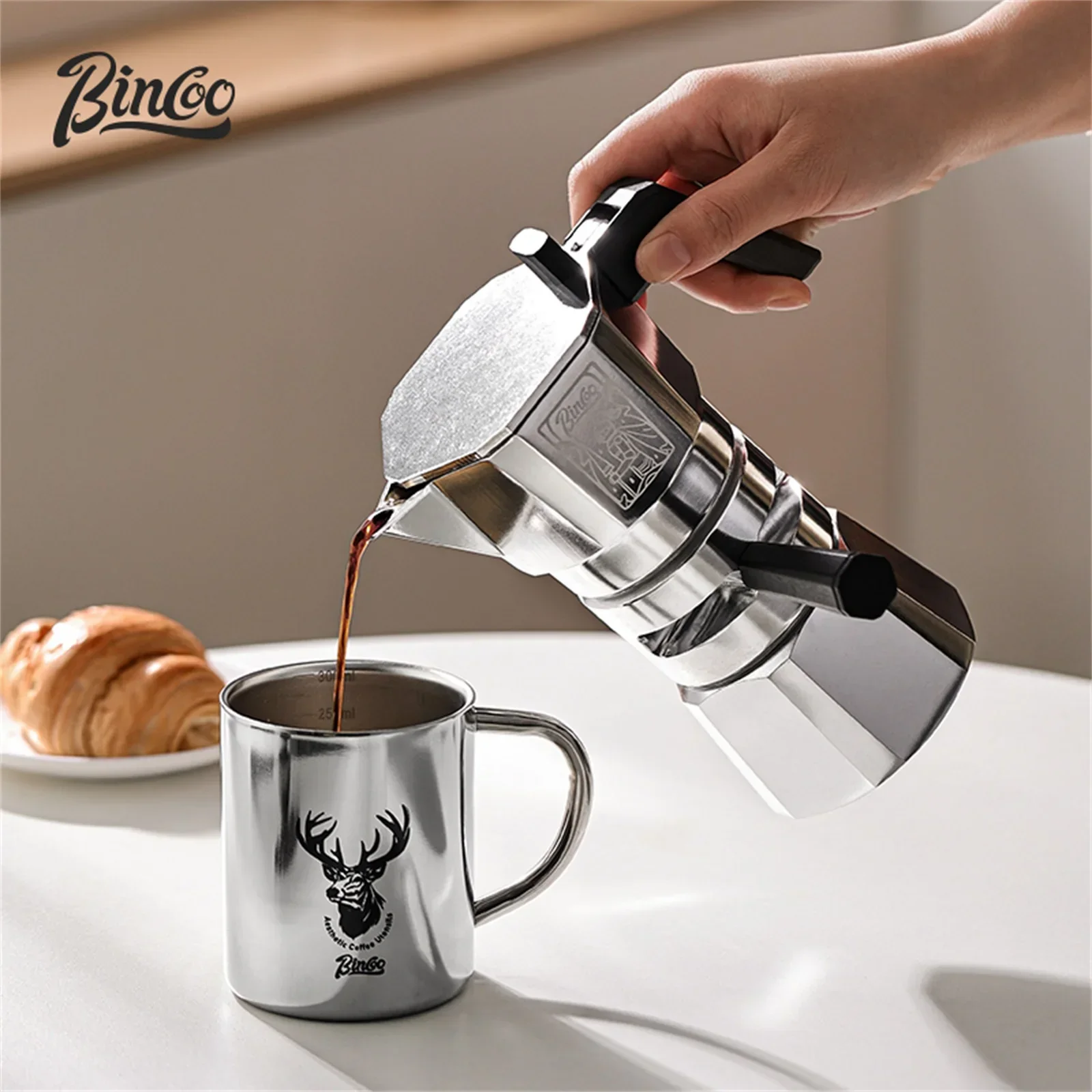 Bincoo Thermostatic Double valve Moka Pot Classic Aluminum Stovetop Espresso Coffee Maker Coffee Kettle Pot For Home Outdoor
