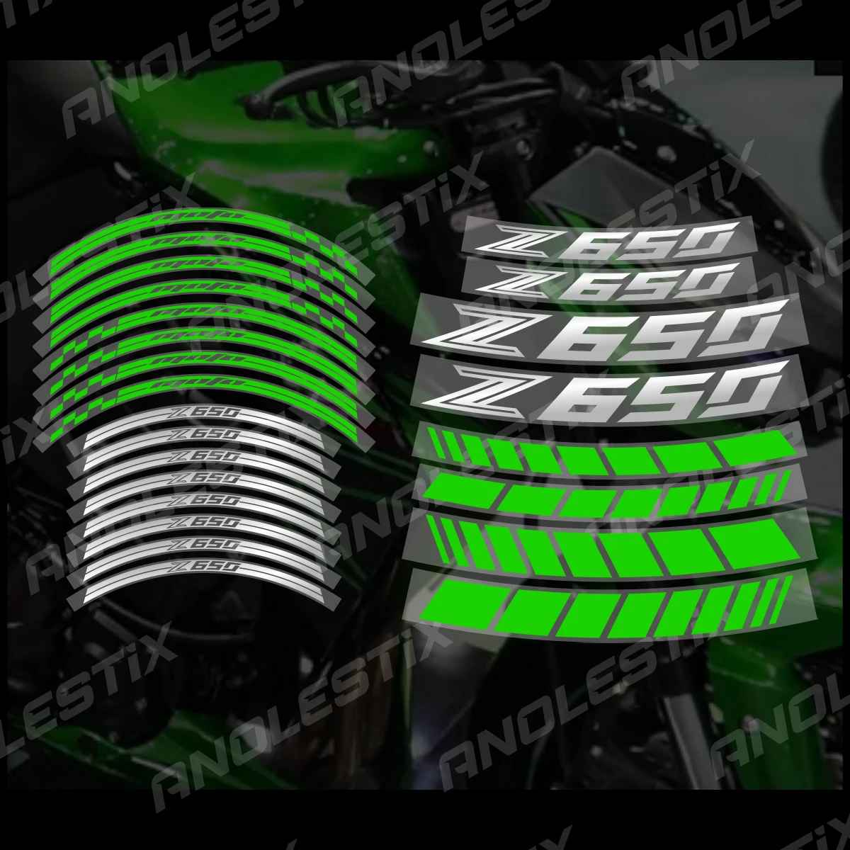 AnoleStix-pegatina reflectante para rueda de motocicleta, pegatina para cubo, cinta de raya para llanta para Kawasaki Z650 2024 2023 2022 2021 2020 2019 2018