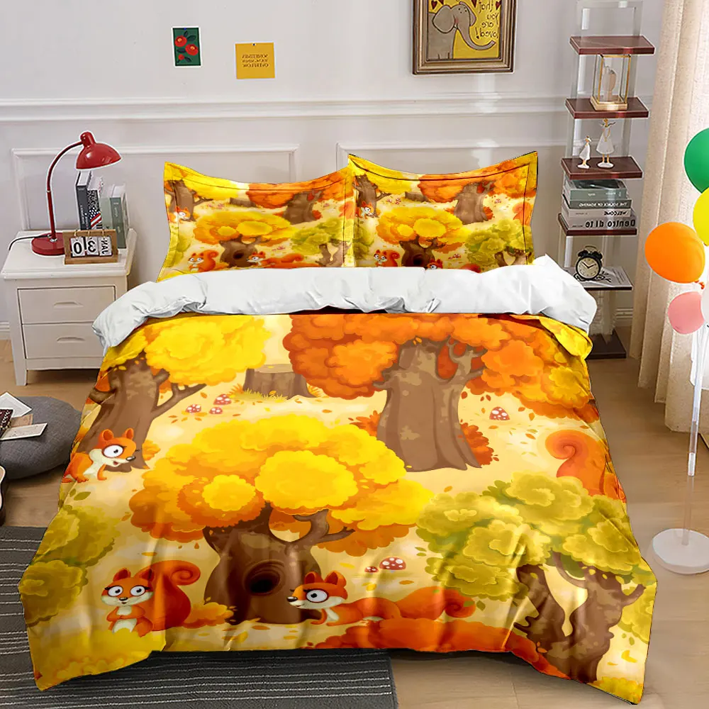 Autumn forest with squirrels. Print Bedding Set 1 Duvet Cover 2 Pillowcases for Adult and Children Luxury Gift Full Size