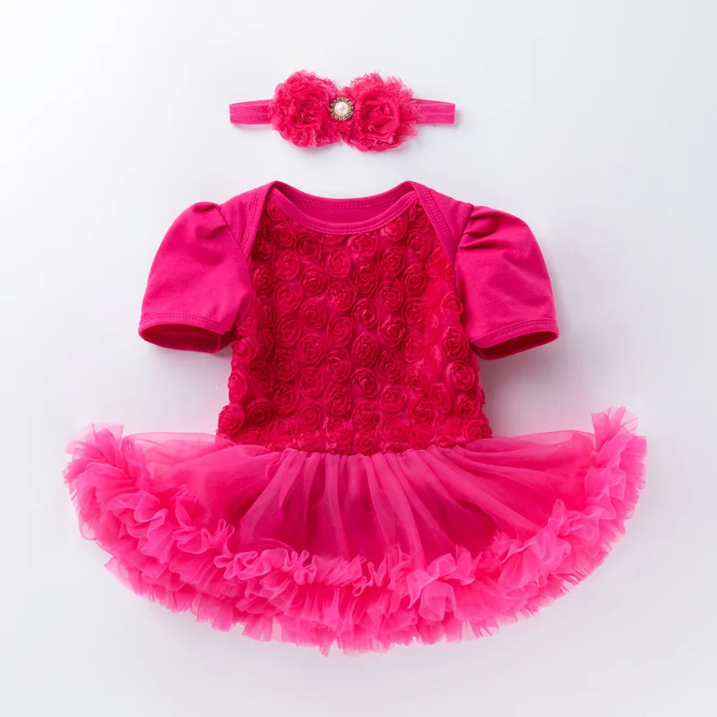 2025 신상 여아 휴일 바디수트 드레스 슈트 반팔 복합 로즈 공주 키즈 롬퍼 드레스+헤어밴드 투피스 세트