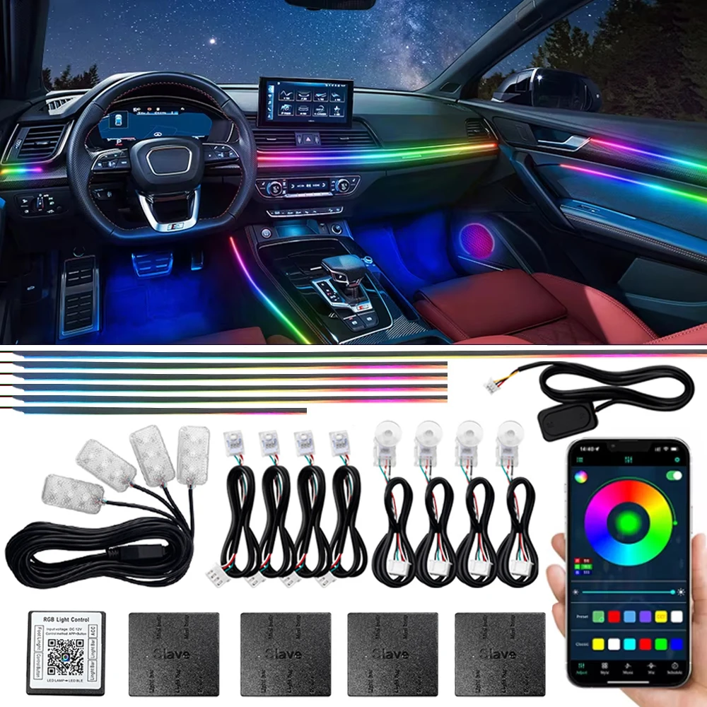 6/10/14/18 In 1 LED Dual Zone Symphony Streamer Car Ambient Light Interior RGB Neon Acrylic Strip Decoration Atmosphere Lamp 12V