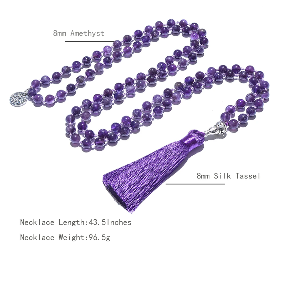 8mm Natural Amethyst Beads Knotted 108 Japa Mala Rosary Necklace Meditation Prayer Yoga Jewelry for Men and Women