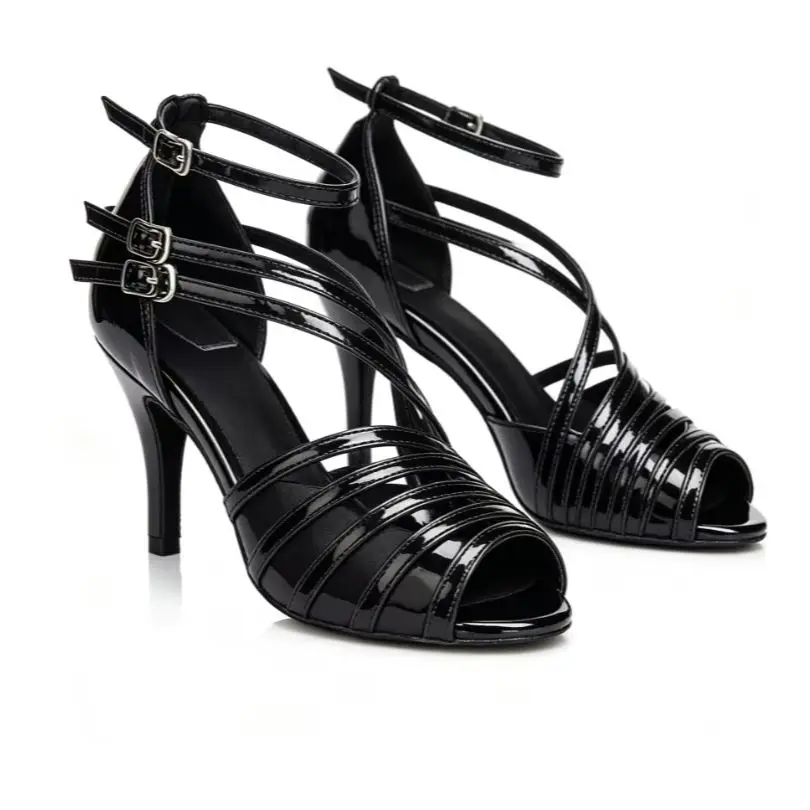 Evk Black PU Leather Latin Dance Shoes Women Peep Toe 8.5cm Heel Salsa Ballroom Tango Shoes Girls Sneaker Party Dancing  Sandals