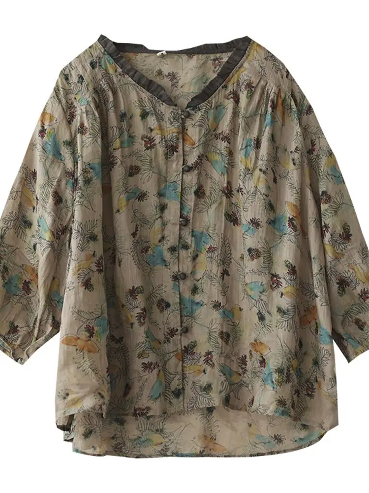 Loose Fit Cotton Linen Seven Sve irt Women's Vintage Print V Ne Slimming Casual Faion Commute Sle Summer irt