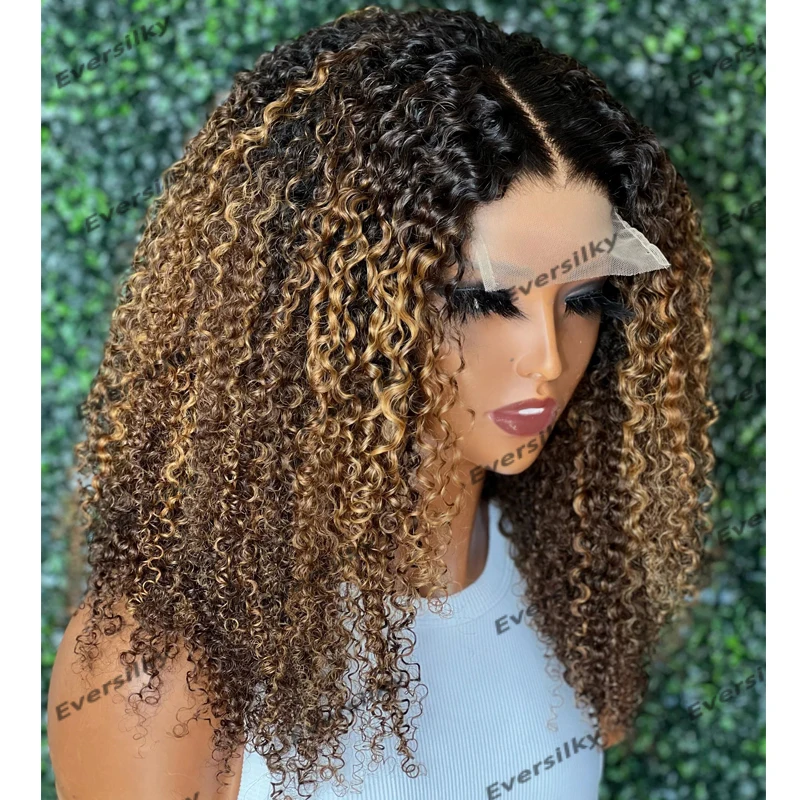 Perruque Lace wig 200 Remy péruvienne naturelle, cheveux frisés bouclés, ombré, brun doré, sans colle, avec naissance des cheveux naturelle, densité 360