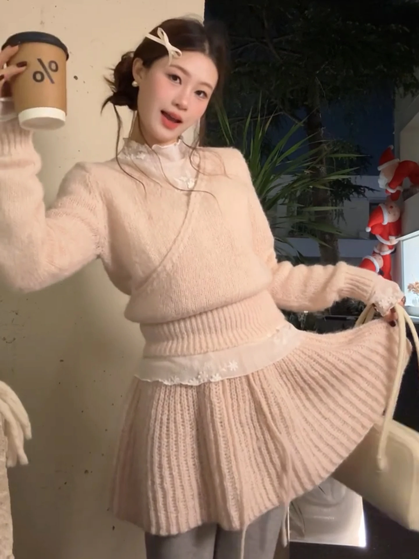 pink-knitted-dr-and-ort-skirt-set-sweet-sle-inner-wear-ballet-iuence-autumn-winter-new-arrival-stand-fit-a-line