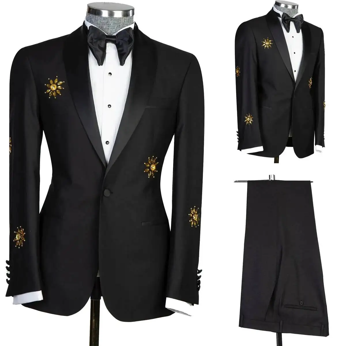 

Elegant Mans Suit 2 Pieces Shawl Lapel Pocket Golden Bead Decoration Customized Formal For Wedding Groom Business Dinner Prom