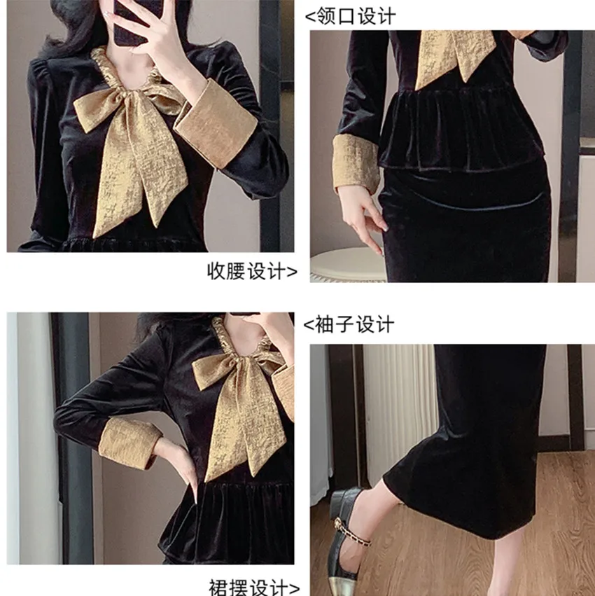 Office Ladies Velvet Two Piece Set New Autumn Winter Gold Lacu Up Bow Collar Ruffles Top + Split Velour Pencil Midi Skirt Suits