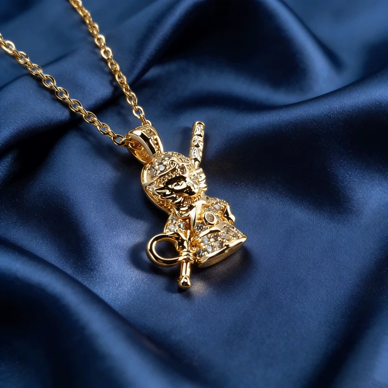 Light Luxury Copper Plated Sun Wukong Staff Clear Paved Zircon Pendant Necklace For Women Wedding Party Daily Fashion Gift
