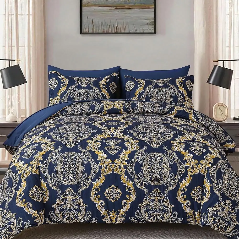 

Комплект постельного белья Pieces Paisley Comforter Set Queen King Bed In A Bag, сине-золотой, в стиле бохо, с узором пейсли, из мягкой микрофибры, размер Queen.